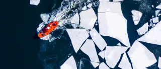 A ship is going through large blocks of ice floating on the sea shot from above
