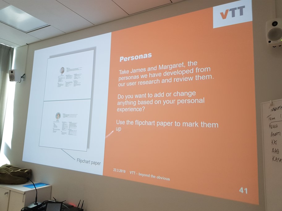 Presentation slide describing buyer personas as part of an exercise in VTT's service design training