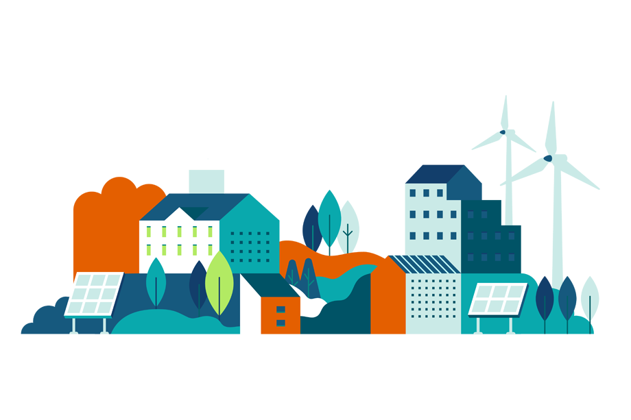Illustration of a smart city with buildings and wind and solar power plants