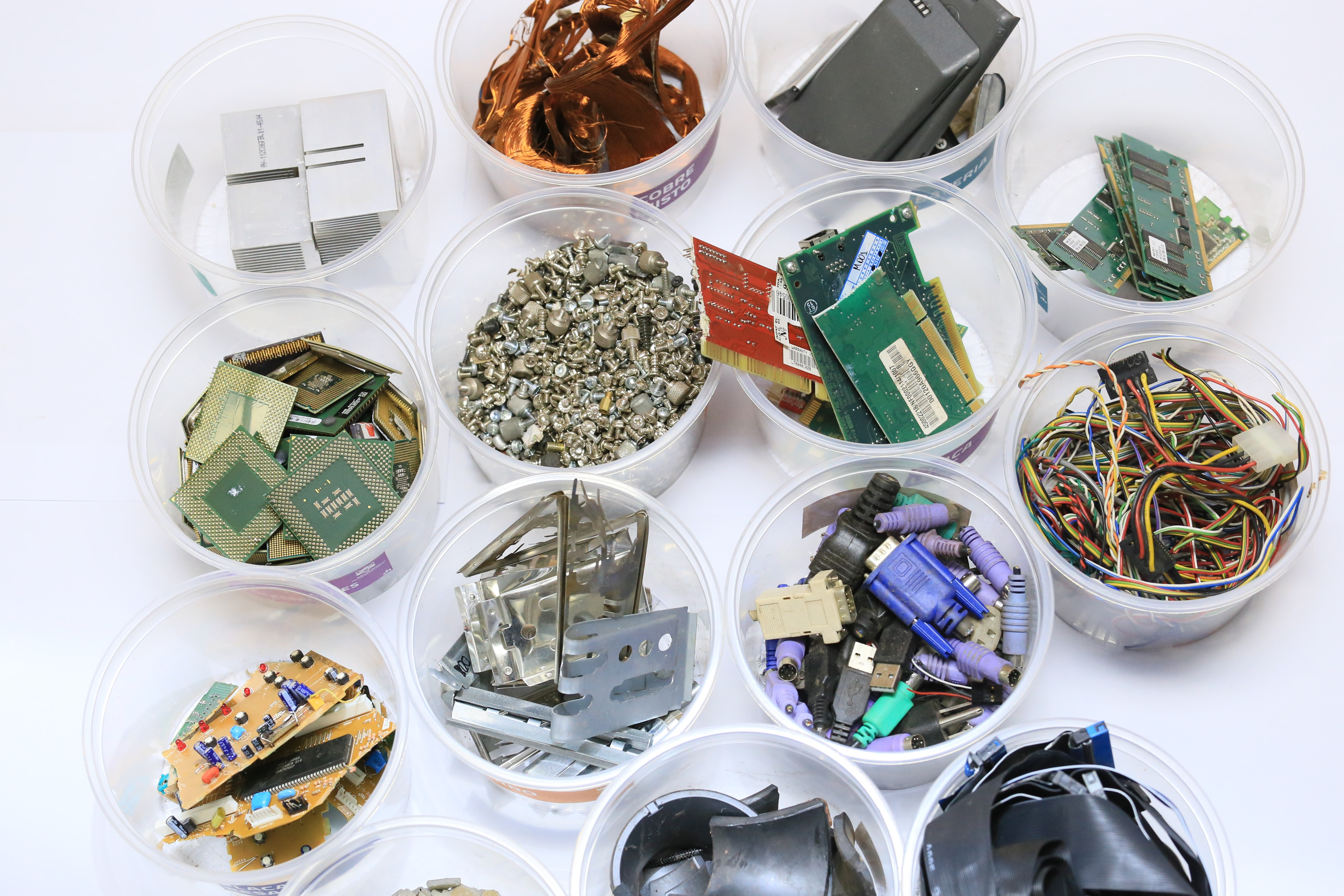 Different electronics components in petri dishes