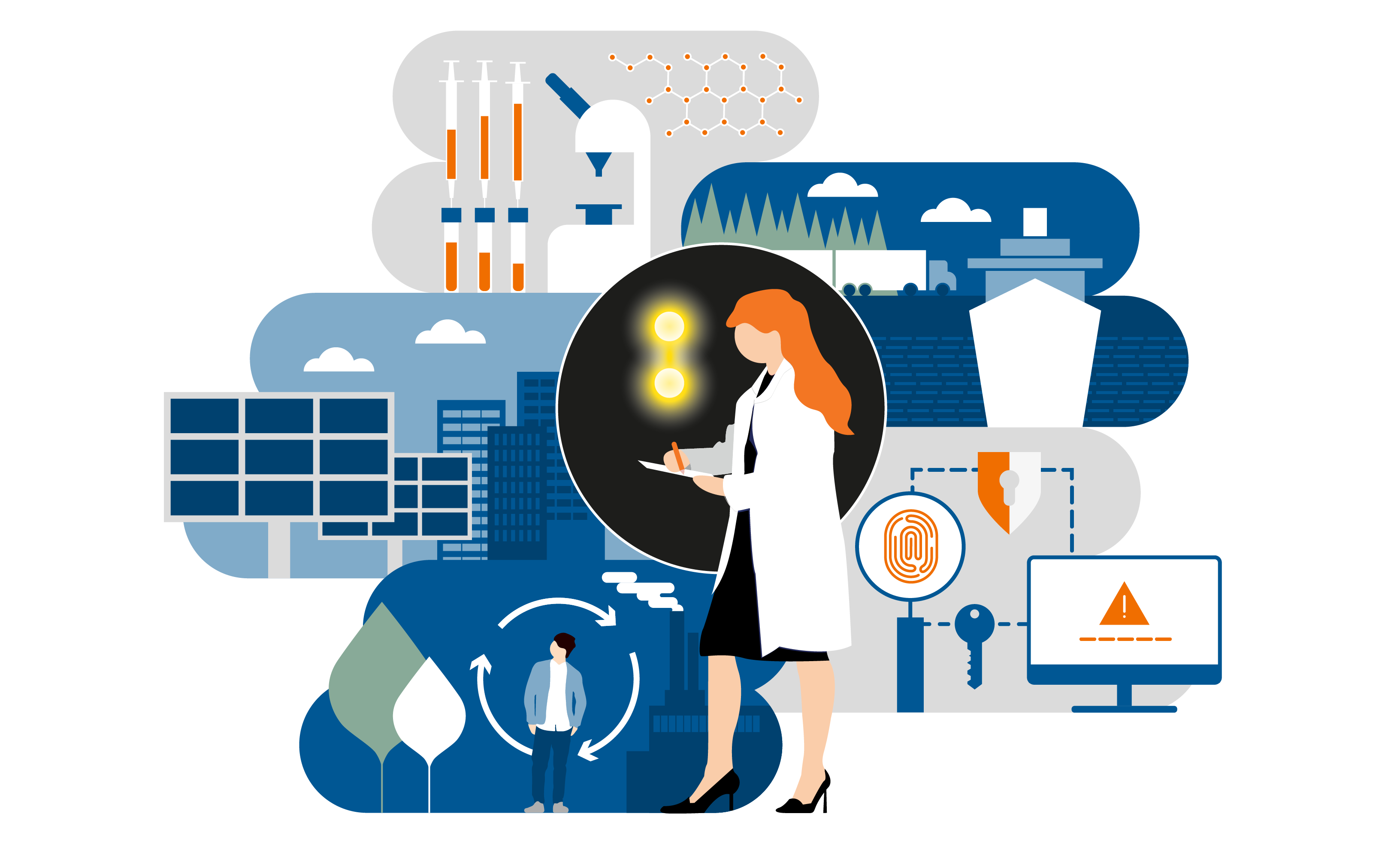 An illustration of a researcher standing in the middle of images depicting impacts of quantum in different industries