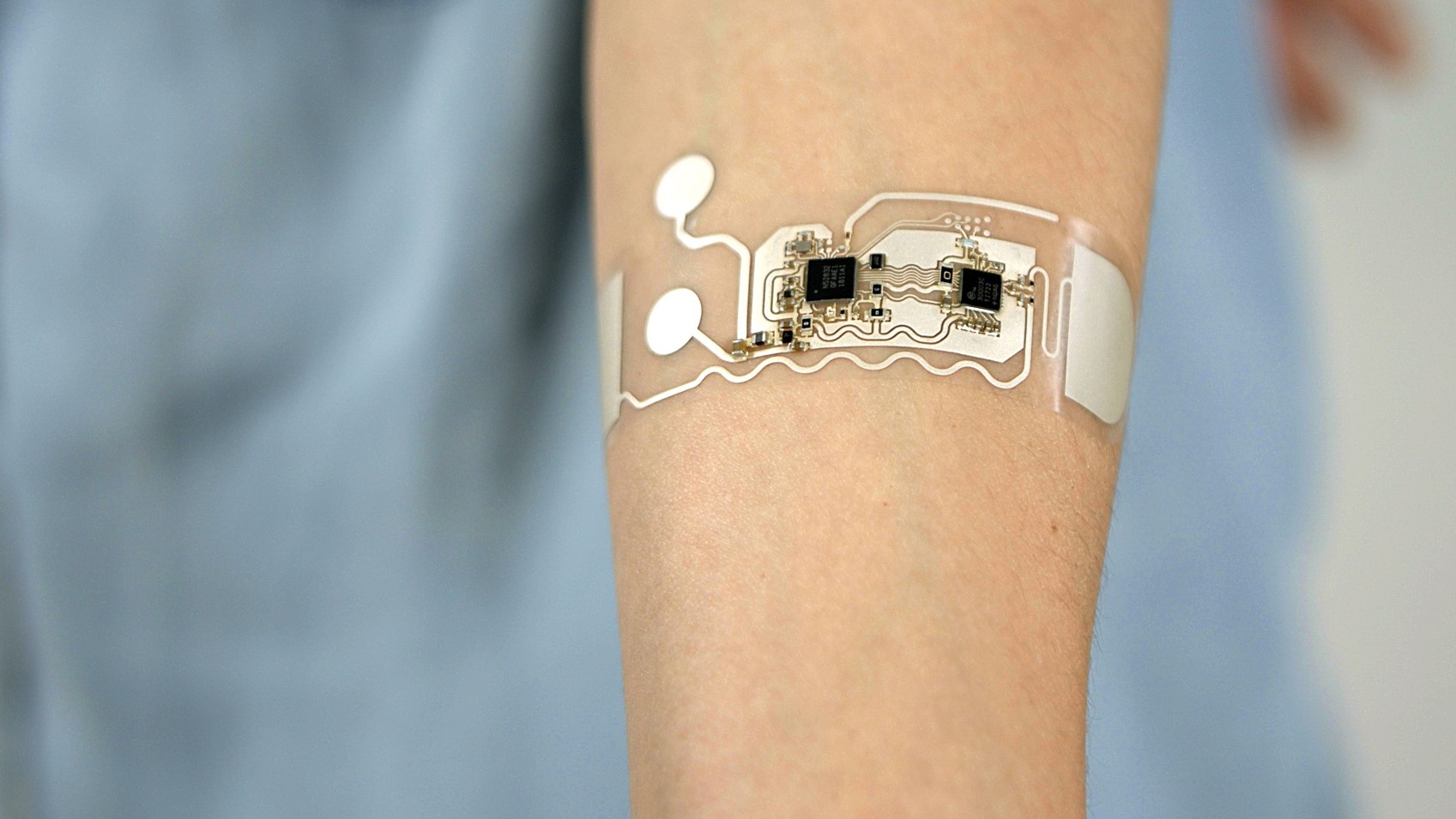 Wearable sensor skin patch developed by VTT in collaboration with GE Healthcare and other partners in the ELASTRONICS project