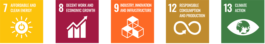 UN sustainable goals: 7. Affordable and clean energy 8. Decent work and economic growth 9. Industry, innovation and infrastructure 12. Responsible consumption and production 13. Climate action