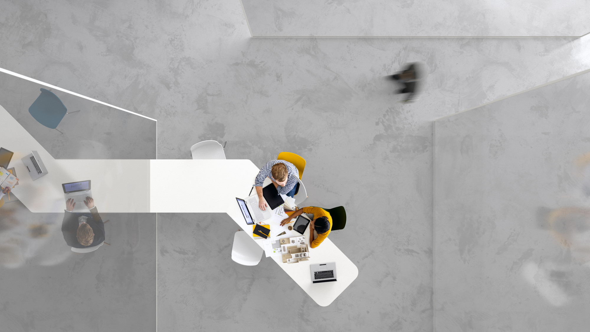 Overhead view of people working