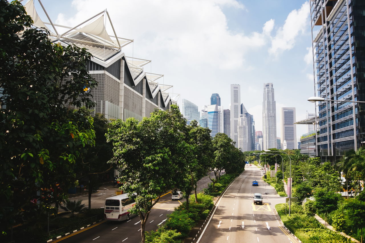 Urban city landscape with road cars and high rise buildings