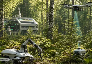 Tekoälygeneroitu kuva metsästä, jossa on tulevaisuuden teknologiaa.
