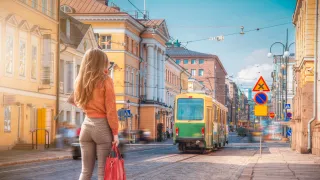 Photo of a Helsinki street and tram