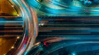 Aerial photo taken of a traffic junction with long exposure time