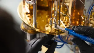 Quantum computer test cryostat in VTT's research lab 