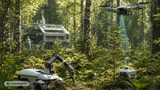 Tekoälygeneroitu kuva metsästä, jossa on tulevaisuuden teknologiaa.