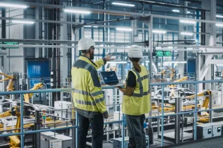 two manufacturing workers surveying a factory