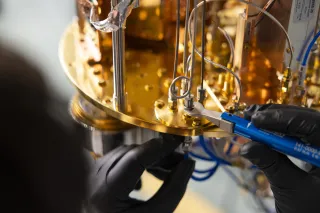 Quantum computer test cryostat in VTT's research lab