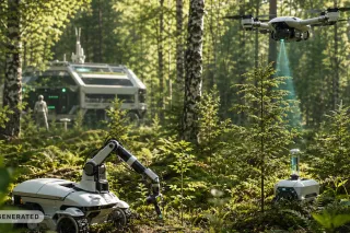 Tekoälygeneroitu kuva metsästä, jossa on tulevaisuuden teknologiaa.
