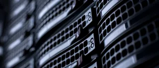 A  closeup of a stack of datacenter servers
