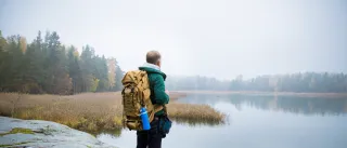 Photo of a man looking out over a lake in a Finnish forest