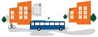 Illustration of bus in traffic communicating with different datasets