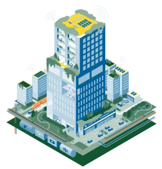 a smart and resilient building with en emphasis on healthy indoor environment, resilient energy system, resilient heating and cooling, digital preparedness and climate resiliency